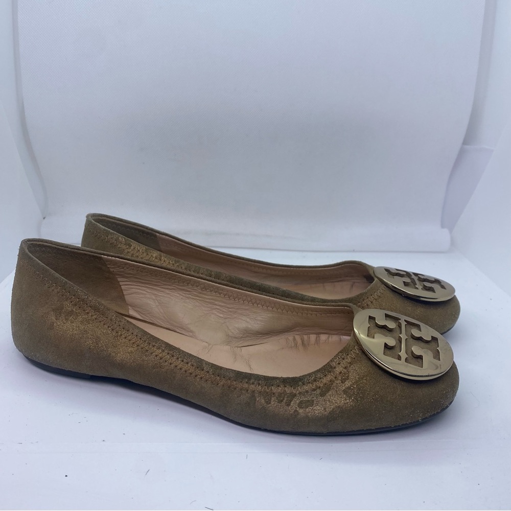 Tory Burch Tan Flats with Gold Logo